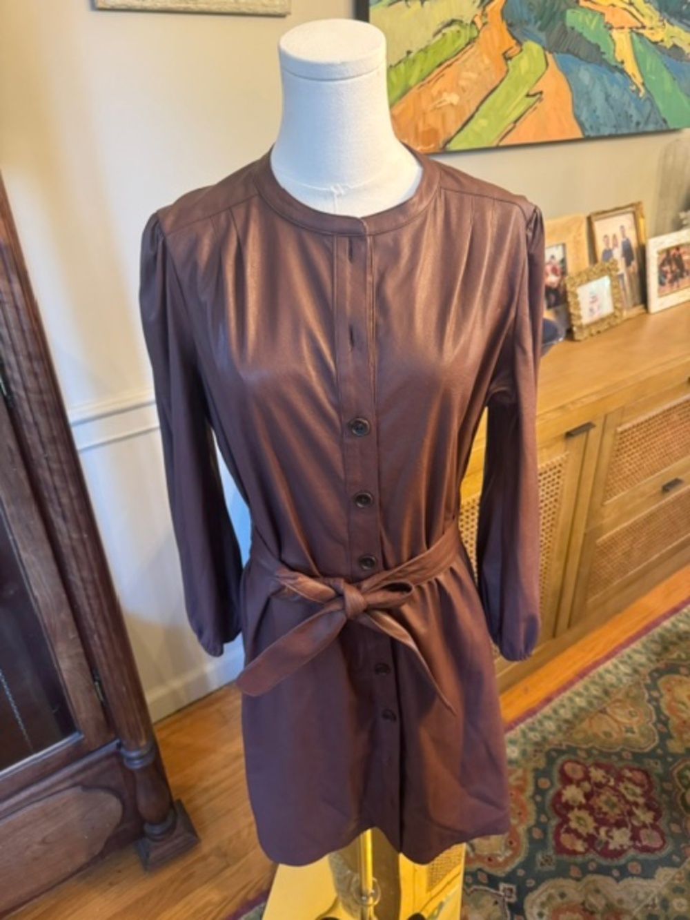Shoshanna Brown Vegan Leather Belted Button Front Dress Sz 12